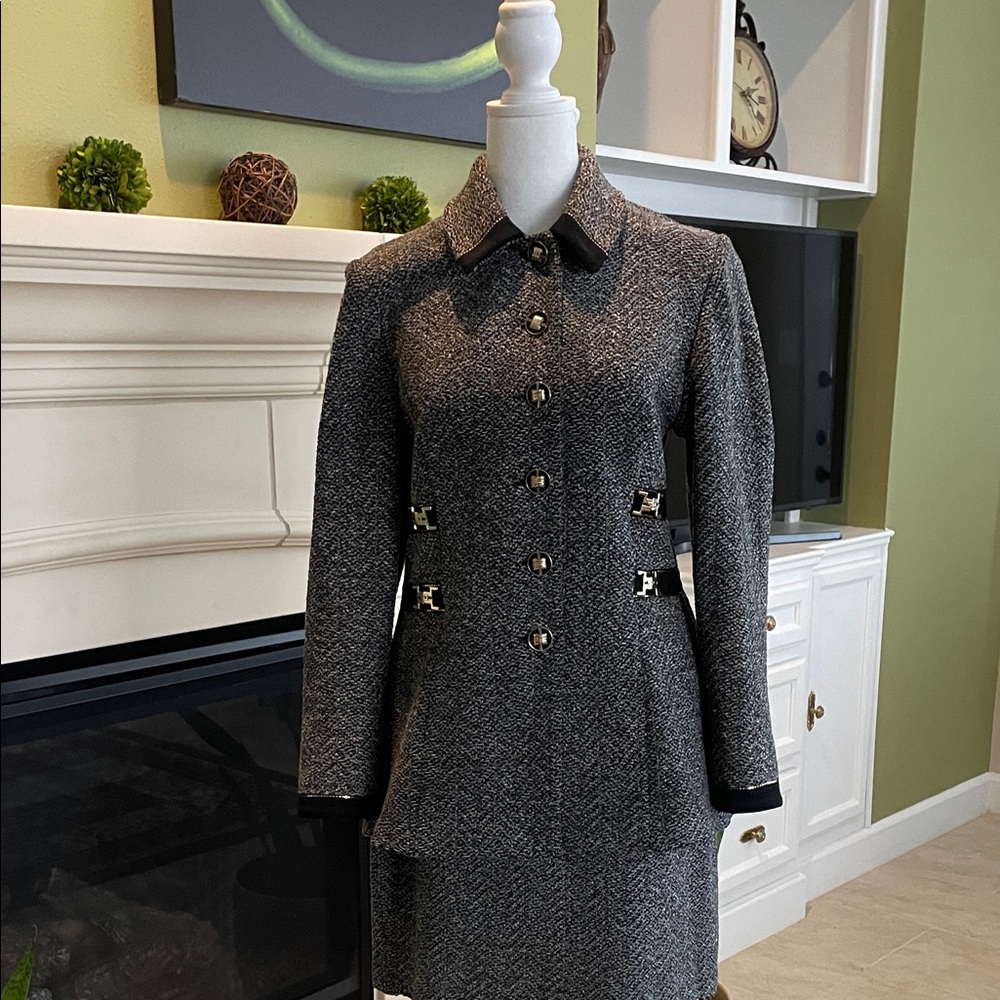 St. John Collection sophisticated black and grey tweed suit.